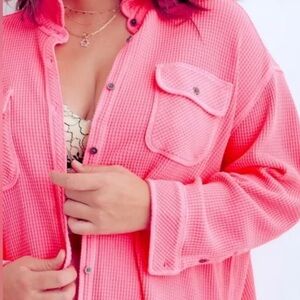 Aerie Lumberjane Waffle Knit Button Down Neon Pink Shirt Size XL